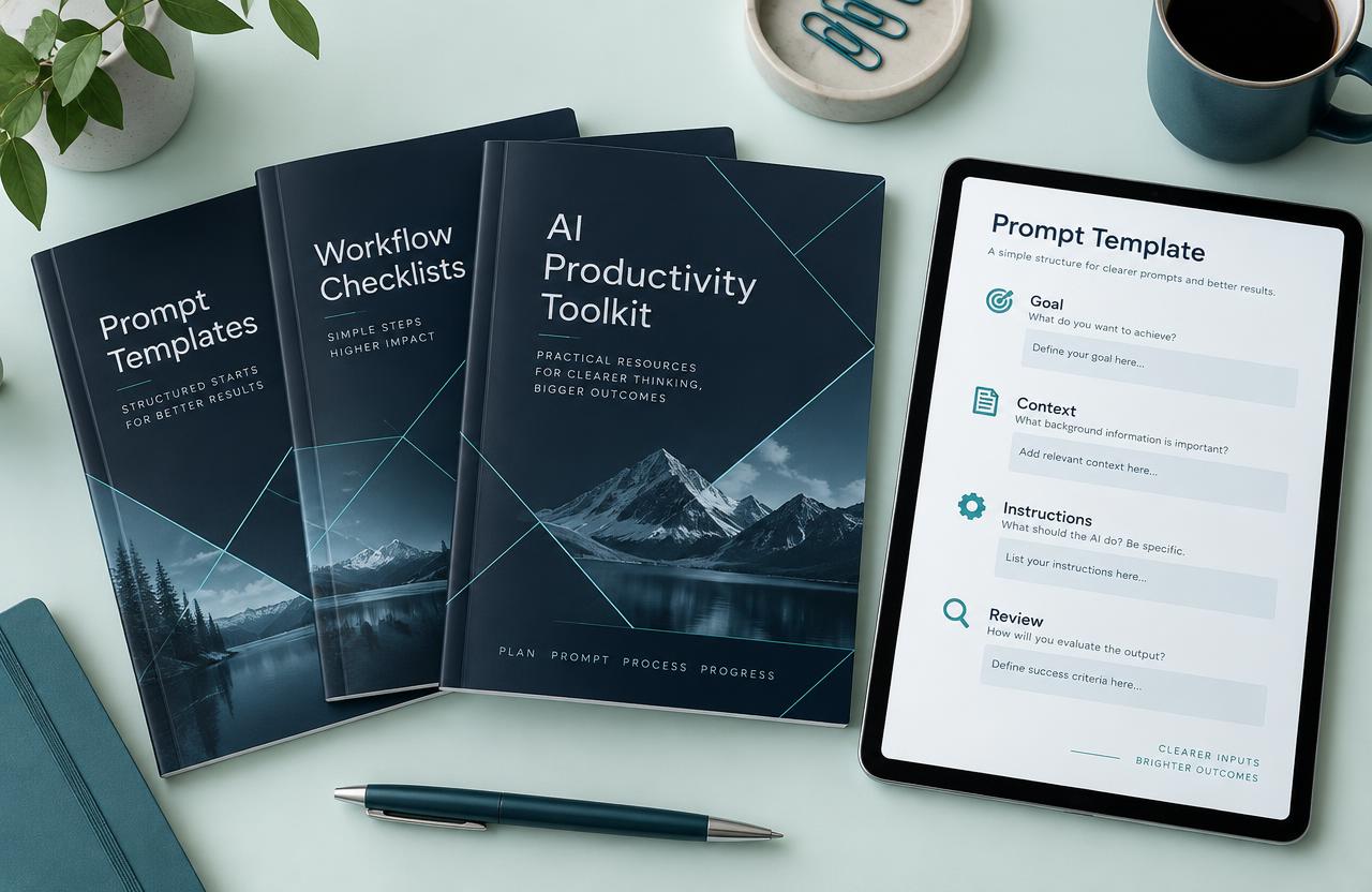 Illustrative AI prompt templates, workflow checklists and productivity guides