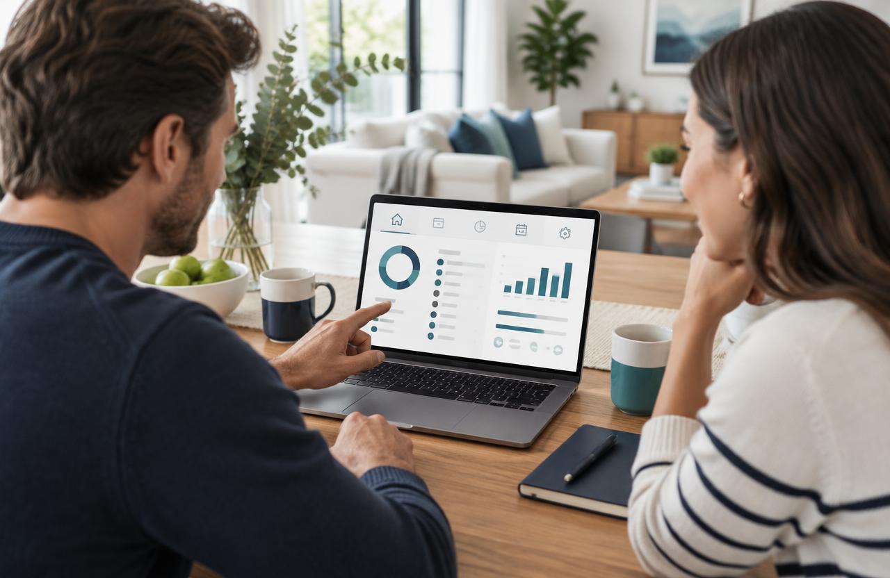 Illustrative couple reviewing a household financial organisation system