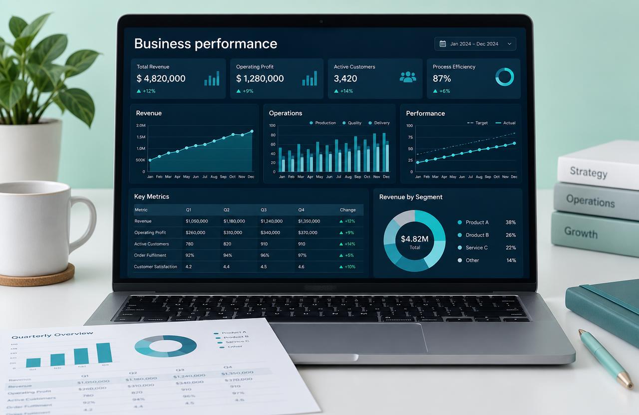 Illustrative business dashboard with KPI cards, performance charts and reporting tables