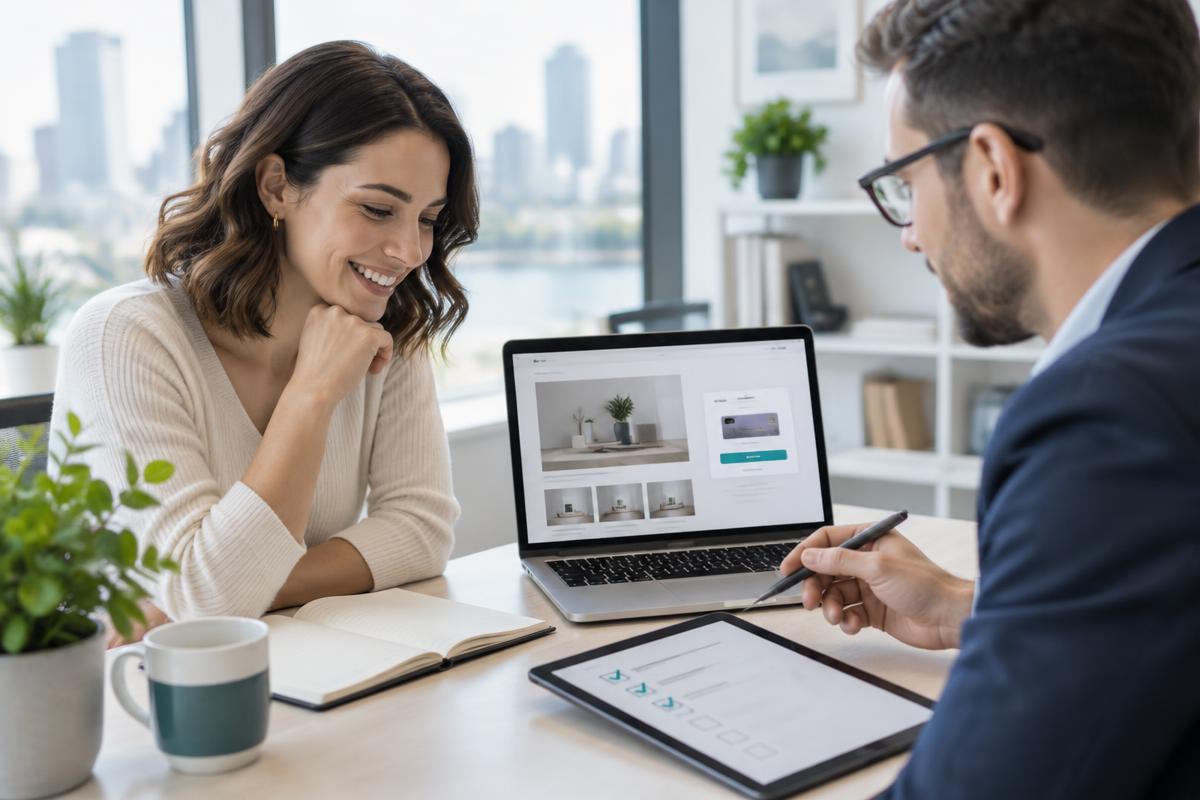 Illustrative scene of a consultant planning digital business setup with an owner