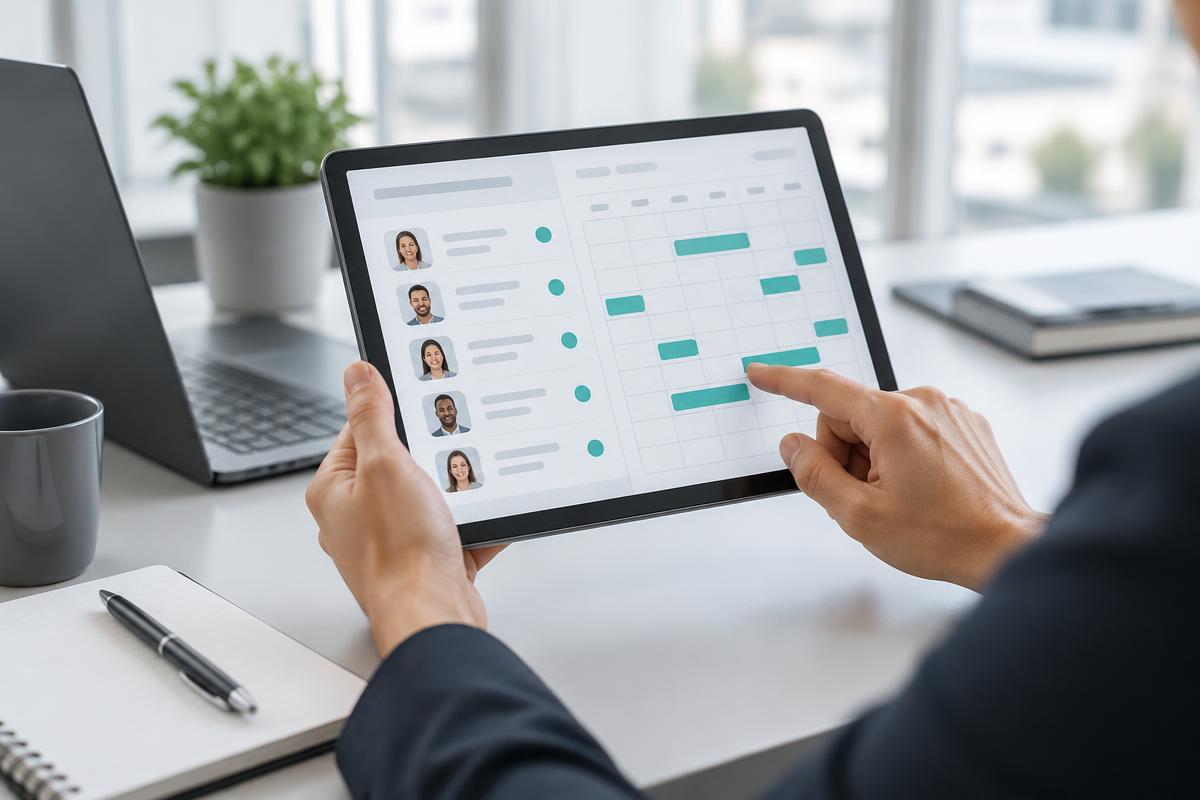 Illustrative workforce records and scheduling on a tablet